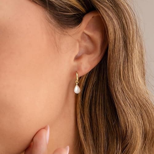JOBICY Pearl Earrings for Women Trendy, 14k Gold Plated Freshwater CZ Leaf Pearl Dangle Drop Gold Earrings Lightweight Hypoallergenic Stud Earring Bridesmaid Wedding Gold Jewelry for Women Gifts thumbnail 6