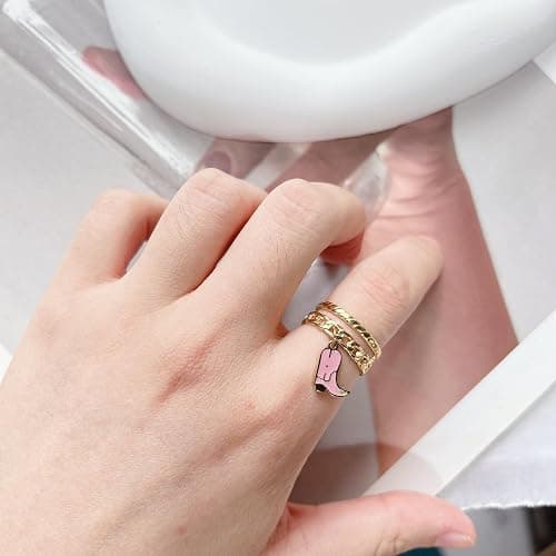 Layered Pink Western Cowgirl Boot Charm Statement Band Ring Goldtone Adjustable Stacking Cute Fashion Stainless Steel Cowboy Knuckle Finger Open Rings Country Rodeo Jewelry Gift for Women Her Daughter thumbnail 5