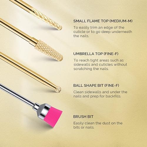 MelodySusie Nail Drill Bits Set, 7pcs Tungsten Carbide Nail Bits for Nail Drill E-file, 3/32 inch Bits Manicure Pedicure Remover Tools for Acrylic Gel Nails, Salon Home Nail Care Supplies, Gold thumbnail 5