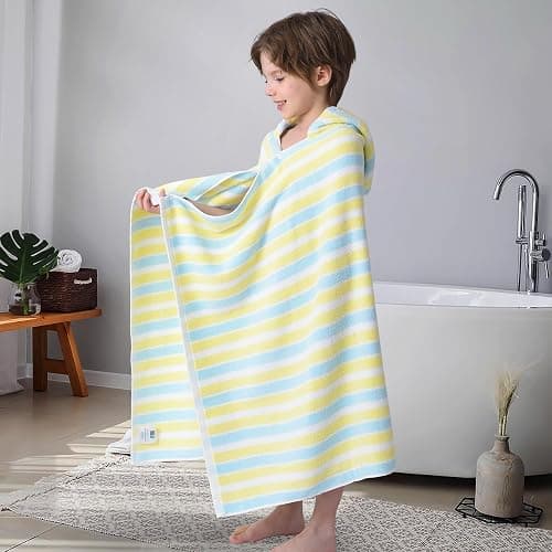 VOOVA & MOVAS Toddler Towels for Boys - 100% Cotton (3-10Years) - Quick Dry Absorbent Lightweigh Hooded Wrap Towel for Pool | Swim | Beach | Bath, Yellow Blue Stripe thumbnail 7