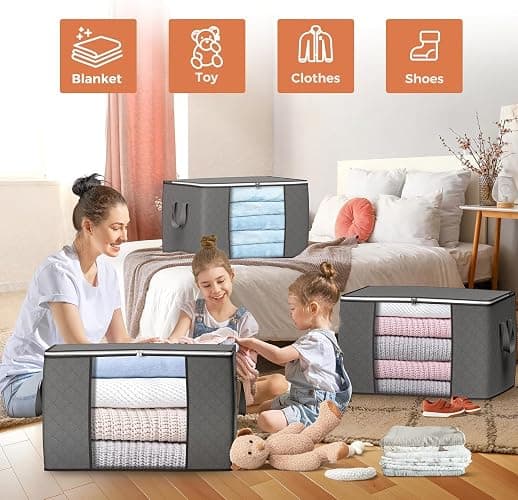 90 L Large Storage Bags, 6 Pack Clothes Storage Bins Foldable Closet Organizers Storage Containers with Reinforced Handle for Clothing, Blanket, Comforters, Bed Sheets, Pillows and Toys (Gray) thumbnail 4