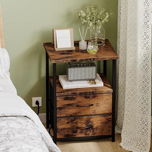 Fixwal Night Stand with Charging Station, 2 Fabric Drawers, Rustic Brown | built-in bedside charger, 2 AC outlets & 2 usb ports, 2 wooden shelves, end table with storage, bedroom, living room thumbnail 5