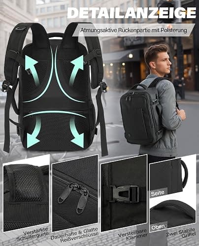 VANKEV für Ryanair Handgepäck 40x20x25 Laptop Rucksack Reiserucksack Klein Handgepäck Tasche Rucksack 14 Zoll Laptop Backpack für Herren Damen Schwarz thumbnail 5