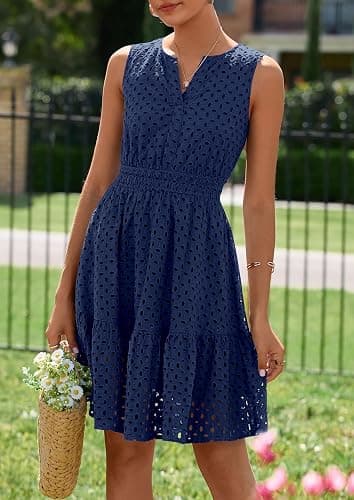 PRETTYGARDEN Women's Summer Eyelet A Line Short Dresses | Sleeveless Sun Dresses, V Neck, Hollow Out, Lightweight Flowy Swing, Fit & Flare, Beach Vacation Outfits, Boho Party Dress thumbnail 2