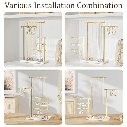 susswiff Jewelry Holder Organizer Stand - Adjustable Tall 17.5" (Max), Sturdy Jewelry Hanger for Necklaces, Earrings, Bracelets, Rings, Jewlery Display and Storage, Gold and White, Metal thumbnail 6