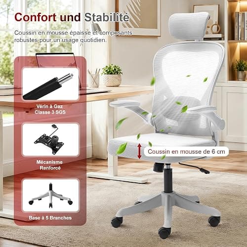 WXJHL Chaise de Bureau Ergonomique avec Soutien Lombaire Réglable, Fauteuil de Bureau avec Appui-Tête et Accoudoirs Relevables, Chaise Informatique pour Télétravail et Étude, Blanc thumbnail 8