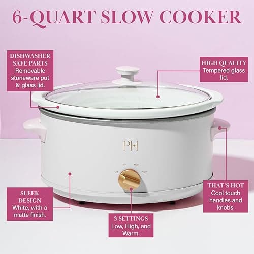 Paris Hilton 6-Quart Manual Slow Cooker, Features Three Settings (Low, High, Warm), Naturally Nonstick and Dishwasher Safe Stoneware Insert, Family Sized Capacity, White thumbnail 4
