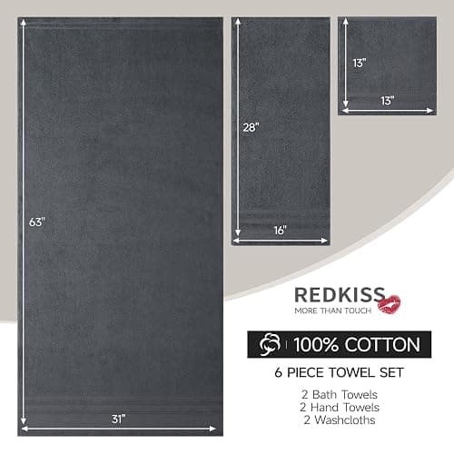 REDKISS 6 Piece Gray Bath Towels Set – 100% Cotton Towels Set for Bathroom, Hotel Collection | 700 GSM, Absorbent & Quick-Dry Towel Sets with 2 Bath Towels, 2 Hand Towels, 2 Washcloths, Gray Towels thumbnail 2