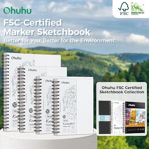 Ohuhu Double-Sided Marker Pad, Bleedproof Art Sketchbook – 7"x10" Large, 160 lb/280 GSM Heavyweight Smooth Paper – 50 Sheets/100 Pages, Spiral-Bound Drawing Book for Alcohol Markers thumbnail 9