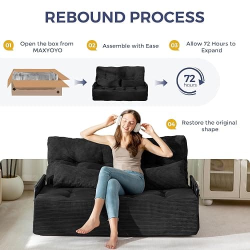 MAXYOYO Adjustable Folding Sofa Bed Couch with 2 Pillows, Black | Multi-Functional Bean Bag Bed, 5-Position Foldable Lazy Floor Sofa Bed with Armrest, Versatile Floor Seating for Reading thumbnail 8