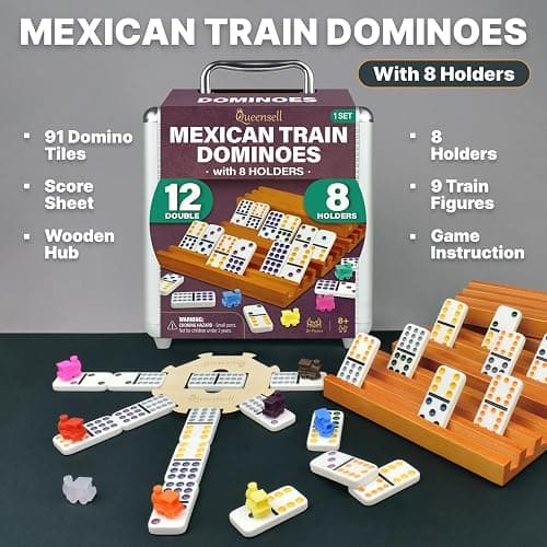 Queensell Mexican Train Dominoes Set with 8 Holders - Wooden Hub and Tiles Holders - Double 12 Tiles with Dots (D12 + 8 Holders) thumbnail 7