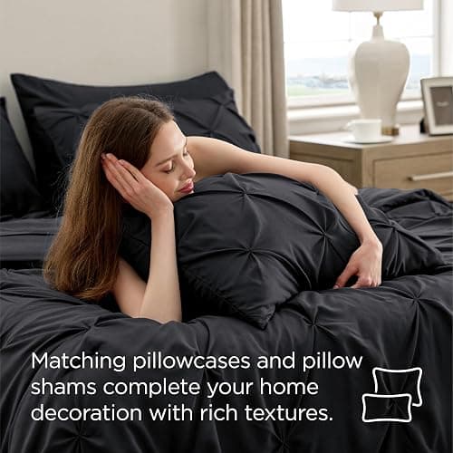 Bedsure Oversized Queen Comforter Set Black - Bed in a Bag Bedding Set 7 Pieces, GentleSoft™ Pintuck Bed Set Gift for Family, Pinch Pleat All Season Comforter with Sheets, Pillowcases & Shams thumbnail 7
