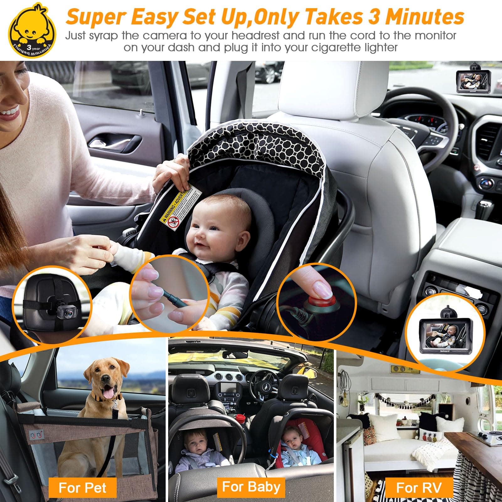 DoHonest Baby Car Camera HD 1080P with Display - Infant Safety Seat Baby Car Mirror for Rear Facing 5 Mins Easy Installation Night Vision V33 Black thumbnail 2