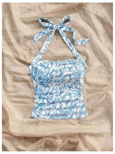 Floerns Women's 2 Pack Boho Floral Halter Tops Going Out Crop Tank Tops Vacation Cute Summer Tops Date Outfits thumbnail 5