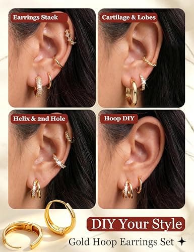 8 Pairs Gold Hoop Earrings Set for Women, 14K Gold Plated Stackable Gifts | Lightweight Hypoallergenic, CZ, Multiple Style Piercing, Comfortable for Daily Wear, Endless Jewelry thumbnail 3