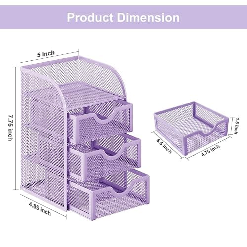 EasyPAG Mesh Desk Organizer with 3 Drawer Office Desktop Organizers and Accessories Stationery Caddy for Office, Home, Students, Purple thumbnail 3