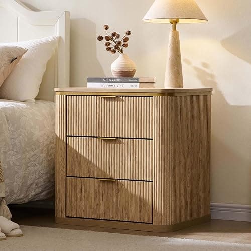 T4TREAM 24" Large Mid Century Modern Fluted Nightstand Set of 2 with 3 Drawers, End Table, Bedside Table for Bedroom, Living Room, Natural Oak thumbnail 3