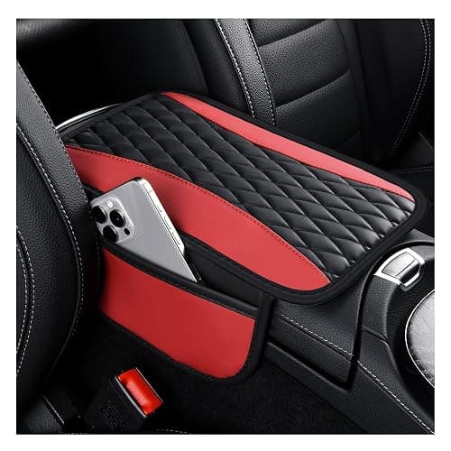 IHOTDER Patchwork Leather Center Console Covers for Cars,Upgraded Arm Rest Cover for Car with Side Storage Pocket for Car Seat Organizer,Middle Console Cover Stylish Car Decoration (Red) - Image 1