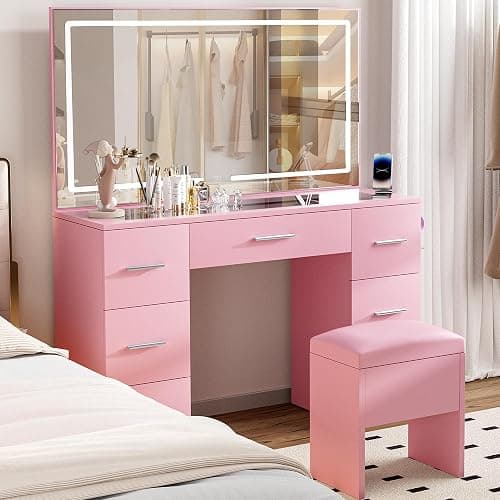 VALONDINO Makeup Vanity Desk with Power Outlet, 46'' Glass Top Vanity Set, 7 Drawers Vanity Table with Cushioned Stool, 3 Lighting Modes Brightness Adjustable,Pink - Glass top-Pink - 46IN thumbnail 6