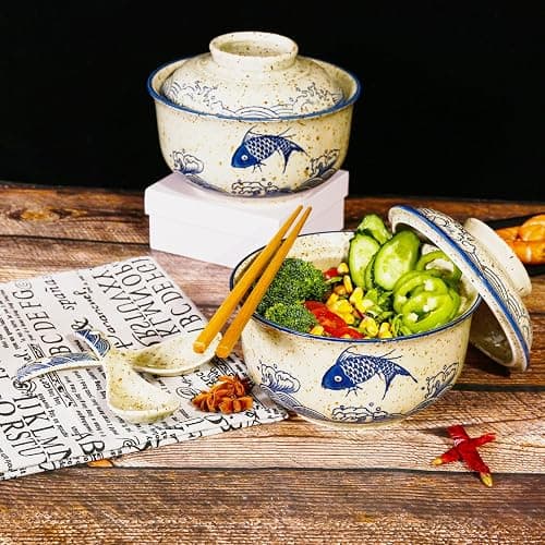 Ceraozmus Ceramic Ramen Bowl Set, 800ml, with Lid, Spoon and Chopsticks, Japanese Vintage Large Soup Bowls Instant Noodle Bowl Asian Tableware (Fish*1) thumbnail 5