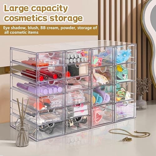 VZKAH Clear Acrylic Desk Organizer with 20 Drawers, 4 Modular Units | 4-piece clear drawer set for office supplies, crafts, makeup, and small daily items on desks, vanities, counters thumbnail 3
