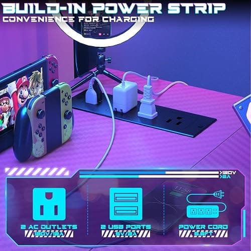 Homieasy Small Gaming Desk with Power Outlets Pegboard LED Light, 51 Inch L Shaped Computer Desk with Monitor Stand Storage Shelves, Reversible Corner Desk with Headset Hooks, Carbon Pink - Carbon Fiber Pink - 51 inch thumbnail 7