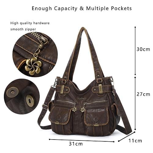 Angel Kiss Women's Designer Handbag Large Double Zipper Multi Pocket Washed Leather Purse thumbnail 4
