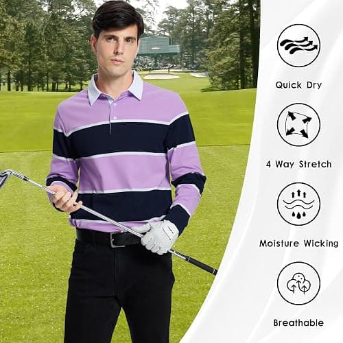 Men's Polo Shirts Long Sleeve Striped Dry Fit Casual Collared Pique Golf Polo Shirts for Mens thumbnail 6