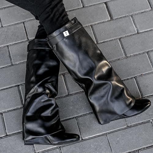 GOGD Fold Over Boots Women's Knee high Shark Boots Pointed Toe Wedge Heel Flat Shoes For Fall Winter Dress Boots thumbnail 5