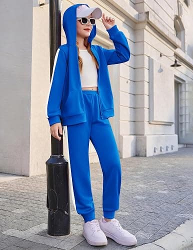 Arshiner Girls 2 Piece Outfits Sweatsuits Athletic Tracksuit Jogger Set | Zip up hoodie sweatshirt and sweatpant with pockets, Side stripes splicing design, Ribbed cuffs, Medium thickness fabric thumbnail 4