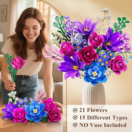 CUBIMANA Flowers Bouquet Building Set with LED Light, 21 Flower Botanical Collection Building Block Toy, Rose Lily Home Plant Decor 1054PCS for Her Adults Women Kids Girls 12+ (Purple) thumbnail 6