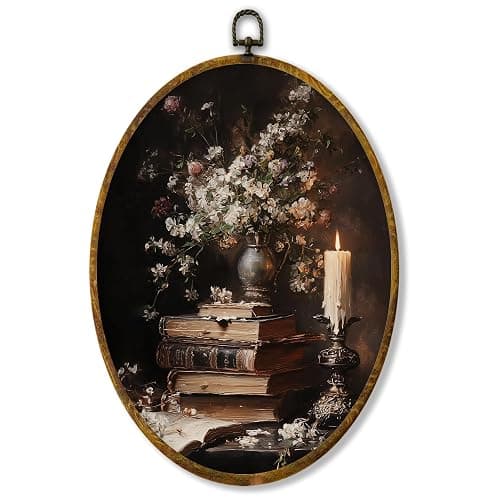 XPH Vintage Floral Book Oval Wall Art Framed, Book Lovers Gifts Oval Wall Decor, Dark Academia Flower Bookish Hanging Canvas Prints for Library Reading Nook Corner Room Decoration, 8.6x11.4 Inch - Image 1