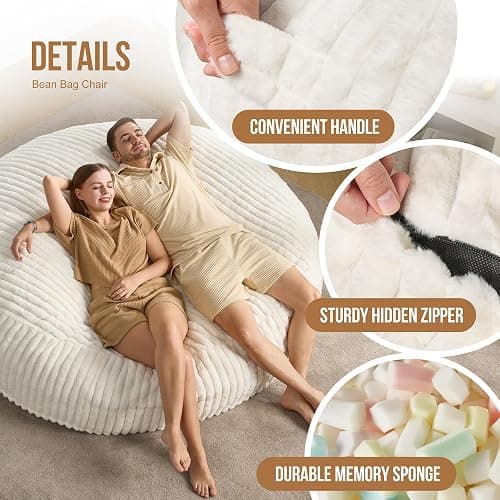 Hobestluk Adult Bean Bag Chair Giant Beanbag with Filling Living Room 6FT | White Giant Big Oversized Bean Bag Chair Memory Foam Filling Machine Washable Fluffy Cover Bedroom Dorm Reading Gaming Kids thumbnail 4