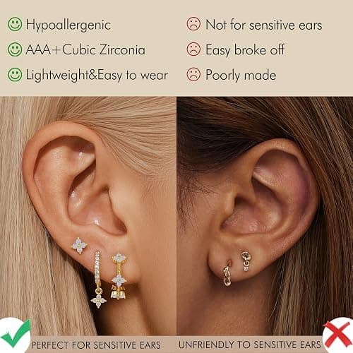 QUINBY Dainty Opal Earrings Dangle Hoop Earrings For Women,Hypoallergenic Earring Sets For Multiple Piercing,14k Gold Plated Earring Stacks For Sensitive Ears - Golden thumbnail 8