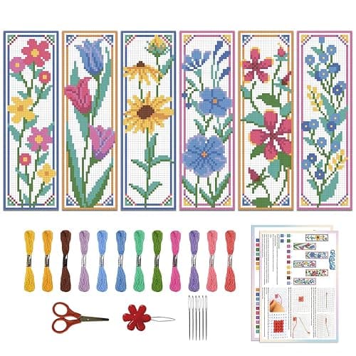 ORIGACH 6 Pcs Flower Cross Stitch Bookmark Kit for Beginner with Backing Felt Floss Instruction Sunflowers Tulip DIY Stamped Embroidery Bookmark Kit for Starter Adults Book Lovers - Image 1