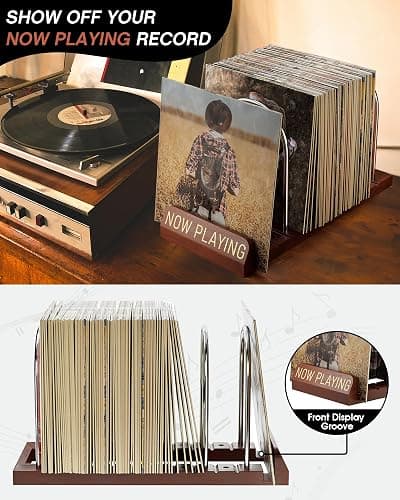 BS-VOG Now Playing Vinyl Record Stand, 50 LP Vinyl Record Storage with Non-slip Grooves, Wood Now Spinning Vinyl Record Holder for Albums Magazine Rack Magazine Organizer Record Display, Gift Package thumbnail 3