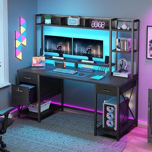 DWVO Computer Desk with Drawers & Hutch, 59.1" Office Desk with Power Outlets & LED Lights, Home Office Desk with Storage Shelves, Black thumbnail 3