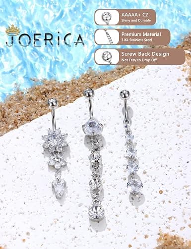 JOERICA 3-6Pcs 14G 316L Stainless Steel Belly Button Rings for Women Flower CZ Dangle Belly Button Rings Navel Piercing Jewelry thumbnail 6