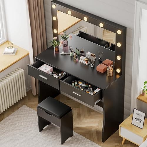 YESHOMY Vanity Desk with Mirror, Power Outlet and 11 Lights, Makeup Table with 2 Drawers, 3 Color Modes Available for Bedroom, Black thumbnail 4