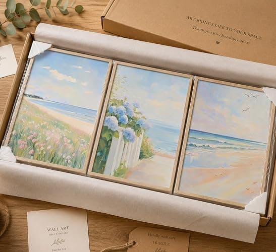 Wood Framed Pastel Coastal Wall Art Pink Beach & Blue Hydrangea Pictures Wall Decor Ocean Wildflowers Posters Summer Beachy Preppy Painting Print Artwork for Beach House Bedroom Dorm Apartment thumbnail 8