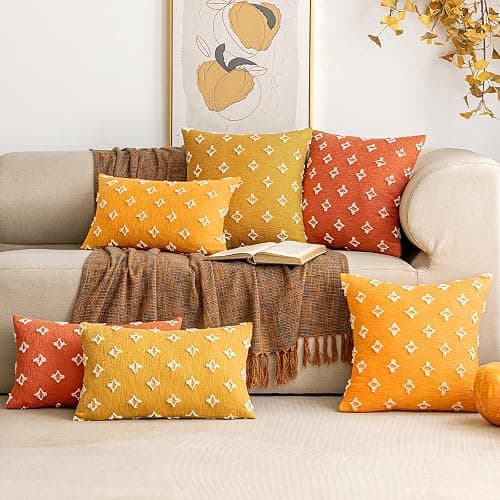 EMEMA Fall Mustard Yellow Decorative Throw Pillow Covers Rhombic Jacquard Pillowcase Cushion Case Square for Couch Sofa Bed Living Room Bedroom Set of 2, 18x18 Inch thumbnail 4