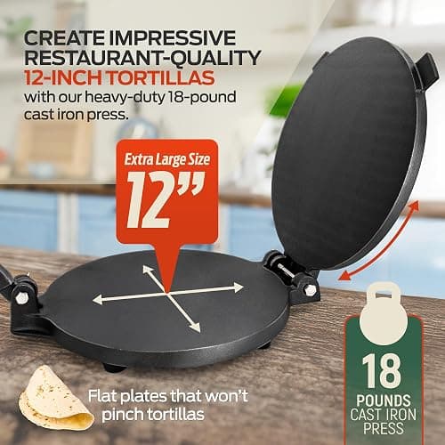 SIRCLES Tortilla Press 12 Inch Cast Iron - Extra Large, Heavy Duty 12 Inch Tortilla Press - Ebook Tortilla recipes - 5 Non-Slip Rubber Feet - Pre-Seasoned - Prensa Para Tortillas De 12 Pulgadas Grande thumbnail 3