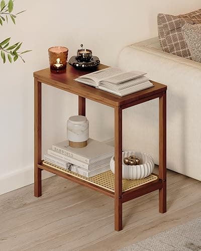 Rattan Side Table Mid Century Modern End Table Living Room 2-Tier End Table with Rattan Storage Shelves for Small Space Night Stand Narrow Coffee Table Boho Bamboo Small Bedside Table - Image 1
