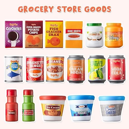 JOYIN 30Pcs Play Food Grocery Cans, Play Kitchen Accessories, Includes Drink, Juice, Jar, Seasoning, Water Bottle, Sauce, Yogurt, Ice Cream, Snack Box, Kids Gifts & Indoor Toys thumbnail 5