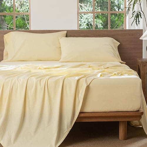 MooMee Bedding Sheet Set 100% Washed Cotton Linen Like Textured Breathable Durable Soft Comfy (Heathered Butter Yellow, Full) thumbnail 5