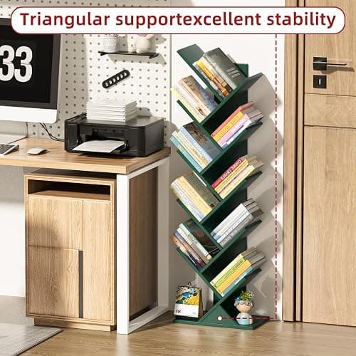 SHEEPAM 10 Tier Tree Book Shelf, Floor Standing Wood Bookshelf for Narrow Space, Storage Organizer Bookshelves for Books/CDs/Magazine, Bookcase with Shelves for Home Office, Living Room thumbnail 5
