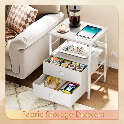Furologee Night Stand with Charging Station, Bedside Table with Fabric Drawers, End Table with USB Ports & Outlets, White Nightstand with Storage Shelf & Hooks, for Living Room/Bedroom, White thumbnail 6