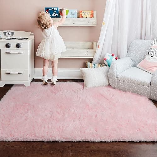 Pink Area Rugs for Bedroom Girls, Living Room Decor, Fluffy Fuzzy Shag Rug 4x6 for Kids Room, Soft Cute Indoor Floor Carpet for Baby, Teen, Nursery, Preppy Dorm, Playroom, Plush Aesthetic Bedside Rug thumbnail 5