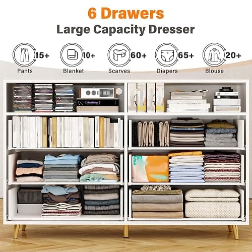 EnHomee White Dresser with LED Lights, 6 Drawers & 2 Open Shelves Top Dresser for Bedroom, Wood Chests of Drawers thumbnail 4