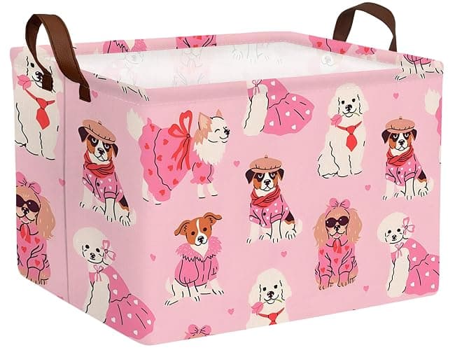 BOOHIT Pink Dog Toy Basket Collapsible Puppy Bin Storage Organizer Large Pet Box With Handles (Girl Dog) - Image 1